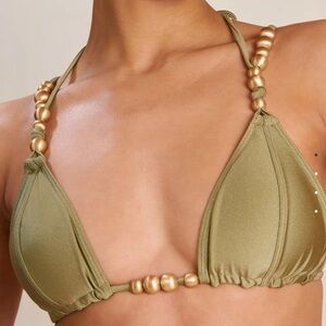 cult gaia olive green triangle bikini top with gold beads